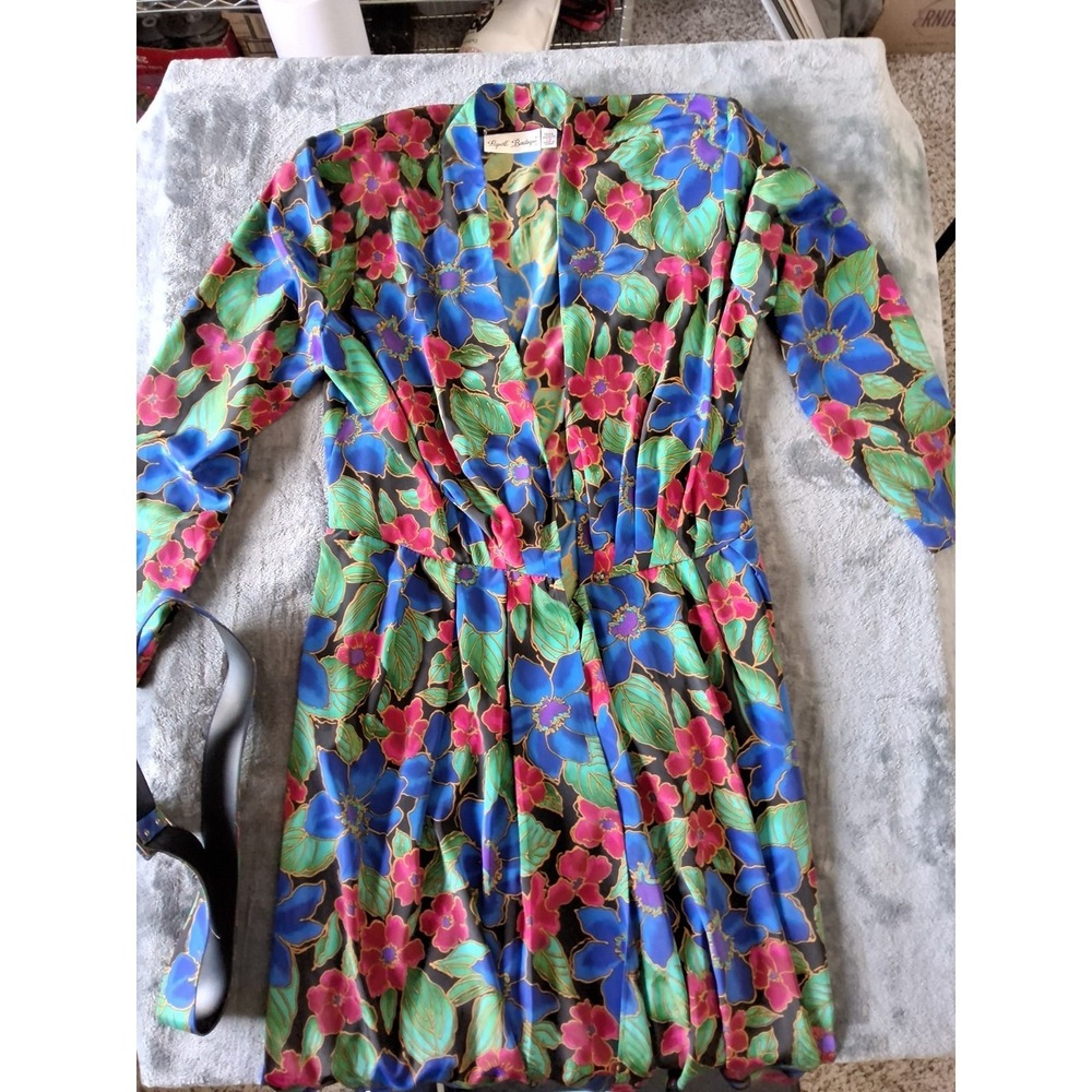 Vintage Papell Boutique‎ Floral Womens 14 Dress 1990s bright colorful W/Belt